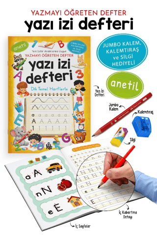 Yazı İzi Defteri - Yazmayı Öğreten Defter - Jumbo Kalem, Kalemtıraş ve Silgi Hediyeli